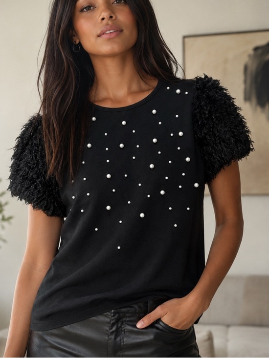 Tops - Black whimsy goth Pearl-Embellished Puff Sleeve Top